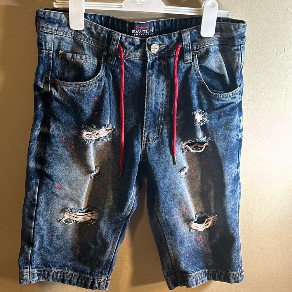 Switch Remarkable denim jean shorts Distressed Ripped paint splatter Size 34 Men